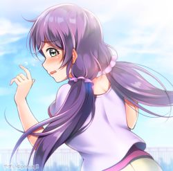 Rule 34 | 1girl, artist name, artist request, blue sky, blush, cloud, collarbone, female focus, green eyes, light brown pants, long hair, looking at viewer, looking back, love live!, love live! school idol festival, love live! school idol project, outdoors, ponyagii, purple hair, purple shirt, red shirt, shirt, sky, solo, tojo nozomi, twintails, under shirt, undershirt