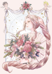 Rule 34 | 1girl, 2boys, aerith gainsborough, aged down, angel wings, black hair, blonde hair, bouquet, brown hair, cable knit, cherub, chibi, cloud strife, final fantasy, final fantasy vii, final fantasy vii remake, flower, green eyes, hair ribbon, highres, holding, holding bouquet, long hair, long sleeves, looking to the side, merry christmas, mobtwi, multiple boys, parted bangs, pink flower, pink ribbon, poinsettia, portrait, red flower, ribbon, short hair, sidelocks, smile, spiked hair, square enix, sweater, upper body, white flower, white ribbon, white sweater, wings, zack fair