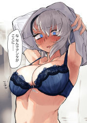 Rule 34 | 1girl, absurdres, armpits, arms up, blue bra, blue eyes, blush, bra, breasts, cleavage, clothes lift, commentary, constricted pupils, embarrassed, frown, girls und panzer, grey hair, grey shirt, highres, itsumi erika, lace, lace-trimmed bra, lace trim, large breasts, lifting own clothes, looking at viewer, medium hair, open mouth, shirt, shirt lift, solo, sweat, tearing up, toku (yhpv8752), translated, trembling, underwear, undressing, upper body