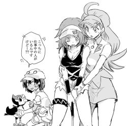 Rule 34 | 3girls, aether foundation employee, ahoge, bandaid, bandaid on face, bare shoulders, blush, breasts, cleavage, commentary request, creatures (company), elbow gloves, game freak, gen 1 pokemon, gen 7 pokemon, gloves, golf club, greyscale, jealous, kahili (pokemon), long hair, looking at another, looking down, mole, mole under eye, monochrome, multiple girls, nintendo, open mouth, pikipek, pokemon, pokemon (creature), pokemon sm, punk girl (pokemon), short hair, short sleeves, shorts, sleeveless, slowpoke, torn clothes, torn shorts, translation request, unya, visor cap, white background
