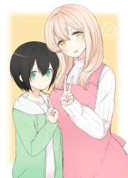 Rule 34 | 10s, 1boy, 1girl, :d, apron, black hair, blonde hair, blush, closed mouth, commentary request, green eyes, green jacket, hair between eyes, hand up, head tilt, hood, hooded jacket, jacket, long sleeves, looking at viewer, nekoume, open clothes, open jacket, open mouth, pink apron, ribbed sweater, shiina aki, shirt, simple background, smile, sunohara ayaka, sunoharasou no kanrinin-san, sweater, w, white shirt, white sweater, yellow background, yellow eyes