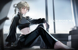 Rule 34 | 1girl, absurdres, artist name, barefoot, black gloves, black jacket, black pants, brown eyes, commentary request, commission, cropped jacket, earrings, glasses, gloves, grey hair, highres, indoors, jacket, jewelry, long hair, long sleeves, looking down, midriff, navel, original, pants, parted lips, partially fingerless gloves, puffy long sleeves, puffy sleeves, round eyewear, shinonome nemu (nemulog sn), sidelocks, sitting, skeb commission, solo, window