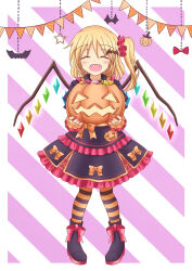 Rule 34 | 1girl, absurdres, alternate costume, bat (animal), bat hair ornament, blonde hair, blush, bow, candy, chinese commentary, closed eyes, clothing request, commentary request, crystal, flandre scarlet, food, footwear bow, hair ornament, halloween, halloween costume, hat, highres, holding, holding food, holding pumpkin, holding vegetable, jack-o&#039;-lantern, long sleeves, multicolored wings, no headwear, one side up, open mouth, orange bow, piaoluo de ying huaban, pumpkin, red bow, red nails, side ponytail, smile, solo, star (symbol), striped background, striped clothes, striped thighhighs, thighhighs, touhou, vegetable, wings, witch hat