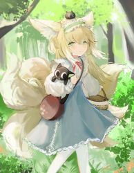 Rule 34 | 1girl, absurdres, animal, animal ear fluff, animal ears, animal on head, arknights, basket, black cat, blonde hair, blue dress, blue hairband, blush, cat, cat on head, day, dress, forest, fox ears, fox girl, fox tail, frilled hairband, frills, gnai, green eyes, hair down, hairband, highres, holding, holding animal, holding basket, holding cat, kitsune, long hair, long sleeves, looking at viewer, luo xiaohei zhanji, multicolored hair, multiple tails, nature, on head, outdoors, pantyhose, red ribbon, ribbon, smile, solo, streaked hair, suzuran (arknights), suzuran (spring praise) (arknights), tail, tree, walking, white hair, white pantyhose