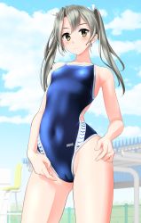 Rule 34 | 1girl, absurdres, arena (company), blue sky, blue one-piece swimsuit, breasts, brown eyes, cameltoe, cloud, collarbone, competition swimsuit, covered navel, cowboy shot, grey hair, hair ribbon, highres, kantai collection, logo, long hair, looking at viewer, one-piece swimsuit, ribbon, sky, small breasts, smile, solo, swimsuit, takafumi, twintails, white ribbon, zuikaku (kancolle)