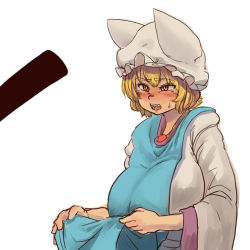 Rule 34 | 1girl, animal hat, blank censor, blonde hair, blush, breasts, censored, chanta (ayatakaoisii), dress, fang, hat, huge breasts, long sleeves, mob cap, open mouth, orange eyes, penis, mob cap, short hair, simple background, sketch, solo, solo focus, tabard lift, teeth, tongue, touhou, upper body, white background, white dress, wide sleeves, yakumo ran