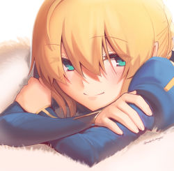 Rule 34 | 1girl, absurdres, artoria pendragon (all), artoria pendragon (fate), blonde hair, blue dress, boa (brianoa), braid, braided bun, closed mouth, crossed arms, dress, eyes visible through hair, fate/stay night, fate (series), fingernails, green eyes, hair between eyes, hair bun, highres, juliet sleeves, long sleeves, lying, on stomach, puffy sleeves, saber (fate), smile, solo, twitter username