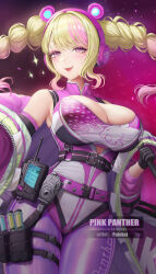 Rule 34 | 1girl, absurdres, black gloves, blonde hair, breasts, character name, cleavage, coat, commentary, cowboy shot, english commentary, gloves, highres, large breasts, long hair, long sleeves, looking at viewer, multicolored hair, open clothes, open coat, original, pafekui, pantyhose, pink background, pink bag, pink eyes, pink hair, puffy sleeves, purple coat, purple pantyhose, simple background, solo, streaked hair, twintails, two-tone hair