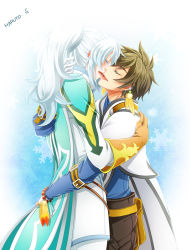 Rule 34 | 10s, 2boys, bishounen, brown hair, couple, closed eyes, haruto.s, highres, imminent kiss, long hair, male focus, mikleo (tales), multiple boys, official alternate costume, ponytail, smile, sorey (tales), spoilers, tales of (series), tales of zestiria, white hair, yaoi