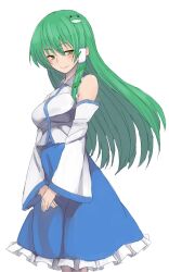 Rule 34 | 1girl, bare shoulders, blue skirt, blush, breasts, closed mouth, commentary, detached sleeves, frilled skirt, frills, frog hair ornament, green eyes, green hair, hair ornament, highres, kakone, kochiya sanae, looking at viewer, one-hour drawing challenge, own hands together, simple background, skirt, smile, snake hair ornament, solo, touhou, white background