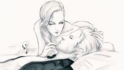 Rule 34 | siblings, aftersex, albert wesker, alex wesker, almost kiss, black shirt, blonde hair, clothed male nude female, eye contact, looking at another, madbedlam, makeup, nude, resident evil, resident evil: revelations 2, shirt, siblings, sketch