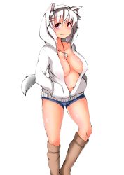 Rule 34 | 1girl, animal ears, belly, breasts, collarbone, fang, highres, hood, hoodie, inubashiri momiji, large breasts, looking at viewer, navel, no bra, open clothes, open hoodie, open shirt, red eyes, shirt, shishi juuroku, short hair, short shorts, shorts, silver hair, simple background, solo, tail, thick eyebrows, touhou, white background, wolf ears, wolf tail