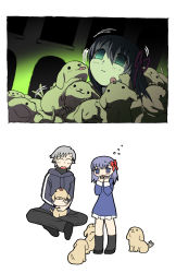 Rule 34 | 1boy, 1girl, absurdres, aged down, animal, aqua eyes, bad id, bad pixiv id, black hair, child, closed eyes, dog, dress, ebibeam, empty eyes, expressionless, fate/stay night, fate/zero, fate (series), grey hair, hair ribbon, highres, matou kariya, matou sakura, multiple dogs, open mouth, parody, puppy, purple hair, ribbon, short hair, simple background, smile, tail, tail wagging, too many, too many dogs, uncle and niece, white background