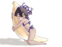 Rule 34 | 1boy, barefoot, bikini, black hair, blue bikini, blush, closed mouth, creatures (company), crossdressing, crossed bangs, full body, game freak, hairband, highres, hugging object, inflatable toy, kieran (pokemon), kneeling, looking at viewer, male focus, nintendo, pokemon, pokemon sv, pokopokoko, purple hair, side-tie bikini bottom, simple background, solo, striped clothes, striped hairband, swimsuit, trap, white background, yellow eyes