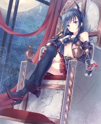 Rule 34 | 1girl, alc (ex2 lv), alcohol, armor, bad id, bad pixiv id, bare shoulders, bikini, bikini armor, bikini top only, black footwear, black hair, black thighhighs, blue eyes, blush, boots, crossed legs, cup, demon horns, drinking glass, elbow gloves, frills, glass, gloves, head tilt, high heels, holding, horns, long hair, looking at viewer, midriff, moon, navel, night, original, petticoat, shiny clothes, shoes, sitting, skirt, solo, spilling, swimsuit, thigh boots, thighhighs, throne, wine, zettai ryouiki