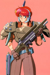 Rule 34 | 1980s (style), 1girl, armor, bandaid, gall force, looking at viewer, official art, oldschool, red hair, retro artstyle, rhea gall force, sandy newman, short hair, simple background, soldier, solo, sonoda ken&#039;ichi, weapon