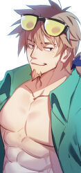Rule 34 | 1boy, abs, backlighting, bare pectorals, blue ribbon, brown hair, collarbone, eyewear on head, facial hair, fate/grand order, fate (series), goatee, green shirt, hair between eyes, hair ribbon, hector (fate), highres, long hair, male focus, mature male, no nipples, open clothes, open shirt, parted lips, pectorals, ponytail, red eyes, ribbon, shirt, solo, tinted eyewear, upper body, waku (ayamix), white background, yellow-tinted eyewear