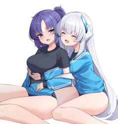 Rule 34 | 2girls, absurdres, bare legs, black shirt, blue archive, blue buruma, blue eyes, breasts, buruma, closed eyes, cosplay, feet out of frame, half updo, headgear, highres, hug, hug from behind, legs, long hair, long sleeves, looking at viewer, medium breasts, multiple girls, noa (blue archive), off shoulder, open mouth, purple hair, shirt, short shorts, short sleeves, shorts, simple background, smile, thighs, very long hair, white background, white hair, yuuka (blue archive), yuuka (blue archive) (cosplay), yuuka (track) (blue archive), ziro (zirorong)