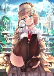 Rule 34 | 1girl, black thighhighs, blonde hair, blue eyes, building, day, deerstalker, dog, fountain, hair ornament, hat, highres, holding, holding magnifying glass, hololive, hololive english, looking at viewer, magnifying glass, necktie, shirt, short hair, sitting, smile, solo, thighhighs, virtual youtuber, watson amelia, white shirt, xephonia