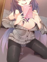 Rule 34 | 1girl, absurdres, bags under eyes, black hair, black pantyhose, blue archive, blush, cameltoe, cardigan, cellphone, commentary request, flat chest, hair between eyes, head out of frame, heart, highres, holding, holding phone, long hair, long sleeves, low twintails, mirror, nipples, panties, pantyhose, partially undressed, phone, pussy juice, selfie, smartphone, solo, twintails, ui (blue archive), underwear, very long hair, wavy mouth, white panties, yunyu (kagawa261)
