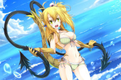 Rule 34 | 1girl, animal ears, arisa (g (genesis1556)), bikini, blonde hair, blue sky, blush, breasts, bubble, claws, cleavage, cloud, cloudy sky, collarbone, colored eyelashes, day, dragon ears, dragon girl, dragon horns, dragon tail, dutch angle, fangs, front-tie bikini top, front-tie top, g (genesis1556), gradient background, green eyes, hair between eyes, hair bobbles, hair ornament, halterneck, highleg, highleg bikini, highleg swimsuit, holding own tail, horns, long hair, looking at viewer, monster girl, multiple tails, navel, ocean, open mouth, original, ponytail, scales, side-tie bikini bottom, sidelocks, sky, solo, standing, swimsuit, tail