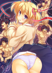 Rule 34 | 1boy, 1girl, ahoge, ass, black hair, blonde hair, blue eyes, blush, censored, clothed female nude male, convenient censoring, electricity, from behind, glowing, glowing eyes, hair ribbon, headband, highres, inohara masato, kamikita komari, little busters!, looking back, manly, muscular, nude, open mouth, panties, racer (magnet), ribbon, school uniform, short hair, short twintails, striped clothes, striped panties, topless male, twintails, underwear, upskirt