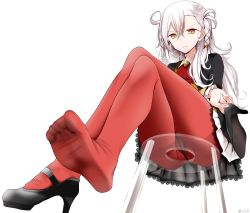 Rule 34 | &gt;:(, 1girl, artist name, ascot, ass, bikini, black footwear, black panties, braid, brooch, brown eyes, closed mouth, collared shirt, cowlick, crossed legs, crotch seam, dutch angle, fate/grand order, fate (series), feet, foot focus, from below, frown, gem, glass, glint, hair between eyes, high heels, highres, holding, holding shoe, holding shoes, jewelry, lace, lace-trimmed bikini, lace trim, legs, long hair, long sleeves, mary janes, olga marie animusphere, oouso, panties, panties under pantyhose, pantyhose, perspective, pleated skirt, red ascot, red pantyhose, serious, shirt, unworn shoe, shoe soles, shoes, unworn shoes, side braid, silver hair, simple background, single braid, single shoe, sitting, skirt, soles, solo, stool, swimsuit, thighband pantyhose, transparent, underwear, upskirt, v-shaped eyebrows, white background, white skirt
