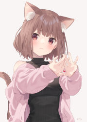 Rule 34 | 1girl, absurdres, animal ear fluff, animal ears, bare shoulders, black sweater vest, breasts, brown eyes, brown hair, cat ears, cat girl, cat tail, commentary request, extra ears, heart, highres, jacket, jimmy madomagi, looking at viewer, medium breasts, mole, mole on neck, off shoulder, original, own hands clasped, own hands together, pink jacket, short hair, signature, solo, sweater vest, tail, white background