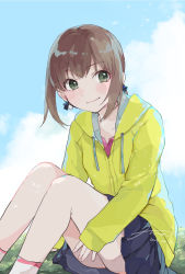 Rule 34 | 1girl, blue skirt, blush, brown hair, dated, day, fubuki (kancolle), green eyes, highres, hiroi09, kantai collection, looking at viewer, outdoors, pleated skirt, signature, sitting, skirt, smile, socks, solo, sweater, white socks, yellow sweater