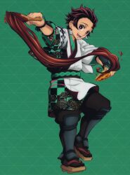 Rule 34 | 1boy,  eyebrows, absurdres, alternate costume, brown hair, brown jacket, brown pants, chibi, closed mouth, cooking, eating, fighting stance, food, full body, highres, jacket, kamado tanjirou, katana, kimetsu no yaiba, light frown, long sleeves, looking at viewer, male focus, official art, open clothes, pants, puffy pants, ready to draw, red eyes, scar, scar on face, scar on forehead, sheath, sheathed, simple background, solo, standing, sword, weapon, white background, wide sleeves
