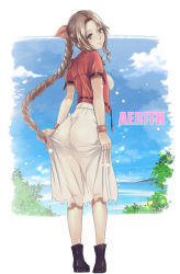 Rule 34 | 1girl, aerith gainsborough, ass, black footwear, bow, braid, braided ponytail, brown hair, character name, final fantasy, final fantasy vii, floating hair, from behind, full body, green eyes, hair bow, hair intakes, jacket, kuroinu (lock heart), long hair, long skirt, looking at viewer, looking back, open clothes, open jacket, ponytail, red bow, red jacket, see-through silhouette, short sleeves, skirt, skirt hold, solo, square enix, standing, very long hair, white skirt
