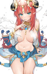 Rule 34 | 1girl, aqua eyes, arm support, bare shoulders, blue bow, blue nails, blue skirt, bow, breasts, brooch, circlet, detached sleeves, eyes visible through hair, finger to mouth, genshin impact, hand up, harem outfit, highres, horns, index finger raised, jewelry, large breasts, long hair, long sleeves, looking at viewer, nail polish, navel, neck ring, nilou (genshin impact), parted bangs, piyo (pixiv 2308057), puffy long sleeves, puffy sleeves, red hair, revealing clothes, sidelocks, simple background, sitting, skirt, solo, stomach, thighs, twintails, veil, vision (genshin impact), water, wet, white background