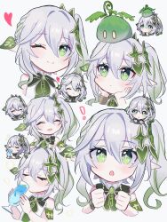 Rule 34 | 1girl, closed mouth, dress, drinking, expressions, genshin impact, genshin impact sticker redraw (meme), green eyes, green hair, hair ornament, head rest, highres, leaf hair ornament, light blush, looking at viewer, meme, moe (lmi84), multicolored hair, nahida (genshin impact), one eye closed, pointy ears, reference inset, side ponytail, simple background, sleeveless, sleeveless dress, slime (genshin impact), smile, streaked hair, two-tone hair, white background, white hair