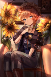 Rule 34 | 1girl, absurdres, blue eyes, braid, chair, closed mouth, collarbone, criss-cross halter, fate/grand order, fate (series), flower, halterneck, highres, holding, holding flower, huge filesize, indoors, kyo (maae00), long hair, looking at viewer, pants, plant, potted plant, puffy short sleeves, puffy sleeves, short sleeves, side braid, sitting, solo, sunflower, van gogh (fate), yellow flower