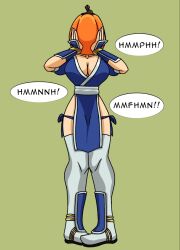 Rule 34 | 1girl, breasts, cleavage, dead or alive, full body, kasumi (doa), large breasts, legs, ninja, object on head, pelvic curtain, pumpkin, speech bubble, standing, struggling, stuck, tecmo, thighs