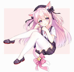Rule 34 | 1girl, animal ear fluff, animal ears, azur lane, bell, black footwear, black hat, black skirt, cat ears, cat tail, commentary request, full body, hand to own mouth, hat, jingle bell, kisaragi (azur lane), kisaragi (retrofit) (azur lane), legs up, long hair, open mouth, pink background, pink eyes, pink hair, ribbon, school uniform, shirt, shoes, short sleeves, simple background, sitting, skirt, solo, suspender skirt, suspenders, tail, tail ornament, tail ribbon, tengxiang lingnai, thighhighs, two side up, white shirt, white thighhighs