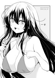 Rule 34 | 1girl, bikini, blush, breasts, collarbone, dated, grey background, greyscale, hair between eyes, heart, highres, kichihachi, large breasts, long hair, looking at viewer, monochrome, open mouth, original, simple background, smile, solo, swimsuit, twitter username, two-tone background, upper body, white background