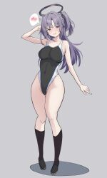 Rule 34 | 1girl, absurdres, bare arms, bare shoulders, black footwear, black one-piece swimsuit, black socks, blue archive, blush, breasts, competition swimsuit, full body, grey background, halo, highres, large breasts, long hair, looking at viewer, mechanical halo, metsu end, one-piece swimsuit, open mouth, purple eyes, purple hair, shoes, simple background, socks, solo, spoken blush, swimsuit, two side up, yuuka (blue archive)