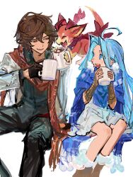 Rule 34 | 1boy, 1girl, :d, alternate costume, animal ears, black pants, black shirt, blue capelet, blue eyes, blue hair, boots, brown gloves, brown hair, cape, capelet, closed eyes, coffee, coffee mug, commentary, cup, dragon, dress, english commentary, food, fur-trimmed capelet, fur trim, gloves, granblue fantasy, grin, hair intakes, happy, highres, hot chocolate, jacket, long hair, looking at another, lyria (granblue fantasy), marshmallow, messy hair, mug, official alternate costume, open mouth, pants, parted bangs, red eyes, red scarf, sandalphon (granblue fantasy), scarf, shirt, short hair, sketch, smile, tail, vyrn (granblue fantasy), wahoosandalphon, white dress, white jacket, winter clothes