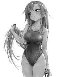Rule 34 | 1girl, :o, blush, breasts, competition swimsuit, goshiki agiri, greyscale, hair between eyes, highleg, highleg swimsuit, highres, holding, kill me baby, large breasts, long hair, monochrome, one-piece swimsuit, parted lips, simple background, solo, swimsuit, very long hair, wet, wet clothes, wet hair, wet swimsuit, yachima tana