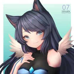 Rule 34 | 1girl, animal ears, artist name, blue eyes, border, closed mouth, dated, detached sleeves, fang, green background, grey hair, hand up, heart, heart in eye, long hair, looking at viewer, original, signature, skin fang, smile, solo, swept bangs, symbol in eye, temachii, white border