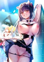 Rule 34 | 3girls, :d, arm behind head, ayaka (yuutousei ayaka no uraomote), bare shoulders, bell, black bow, black bowtie, black dress, black panties, blue sky, blurry, blurry background, blush, bokeh, bow, bowtie, breasts, breasts apart, breasts out, cameltoe, cat ear panties, cat lingerie, cleavage cutout, clothes lift, clothing cutout, collarbone, day, depth of field, detexted, dress, eyelashes, unworn eyewear, grin, groin, hair ornament, hair scrunchie, hairclip, half-closed eyes, highres, hisama kumako, holding, holding removed eyewear, jingle bell, large breasts, lifting own clothes, light particles, long hair, looking at viewer, meme attire, multiple girls, navel, neck bell, nipples, open mouth, orange eyes, original, outdoors, panties, pink scrunchie, pleated skirt, rimless eyewear, scrunchie, short dress, side ponytail, skindentation, skirt, skirt lift, sky, sleeveless, sleeveless dress, smile, stomach, sweat, teeth, third-party edit, underwear, wrist cuffs, yuutousei ayaka no uraomote