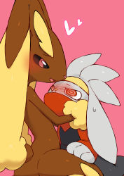 Rule 34 | 1boy, 1girl, @ @, absurdres, animal nose, black fur, black sclera, blush, body fur, brown fur, colored sclera, covered mouth, creatures (company), eye contact, flat chest, furry, furry female, furry male, furry with furry, game freak, gen 4 pokemon, gen 8 pokemon, grey fur, happy, heart, hetero, highres, hug, interspecies, kneeling, looking at another, looking down, looking up, lopunny, minamo (pixiv17726065), nervous, nintendo, nose blush, open mouth, pink background, pink eyes, pokemon, pokemon (creature), pokephilia, rabbit boy, rabbit ears, rabbit girl, raboot, red eyes, red fur, simple background, smile, sweat, two-tone fur, yellow fur