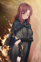 Rule 34 | 1girl, arm under breasts, black cloak, breasts, brown hair, burning, cape, cloak, closed mouth, cowboy shot, dress, elden ring, fire, hood, hooded cloak, layered clothes, long sleeves, looking at viewer, medium hair, melina (elden ring), mujinbensin, one eye closed, parted bangs, solo, spoilers, yellow eyes