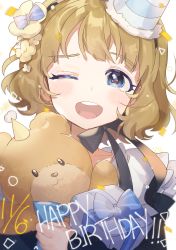 Rule 34 | 1girl, ;d, black bow, blue bow, blue eyes, blue hat, blush, bow, box, brown hair, collarbone, commentary request, dated, flower, gift, gift box, hair flower, hair ornament, happy birthday, hat, head tilt, highres, hugging object, idolmaster, idolmaster million live!, idolmaster million live! theater days, mini hat, one eye closed, open mouth, panprika, round teeth, shirt, smile, solo, striped, striped bow, stuffed animal, stuffed toy, suou momoko, teddy bear, teeth, tilted headwear, upper body, upper teeth only, white background, white shirt, yellow flower