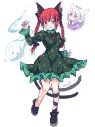Rule 34 | 1girl, animal ears, bad id, bad pixiv id, black footwear, black ribbon, bow, braid, cat ears, cat tail, dress, extra ears, footwear bow, frilled dress, frills, green dress, hair bow, juliet sleeves, kaenbyou rin, leg ribbon, long hair, long sleeves, mary janes, multiple tails, open mouth, puffy sleeves, red eyes, red hair, ribbon, shoes, short dress, simple background, skull, smile, solo, standing, tail, touhou, twin braids, white background, yukimiya (parupunta), zombie fairy (touhou)