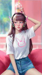 Rule 34 | 1girl, :i, absurdres, alternate costume, bean bag chair, blurry, blurry background, brown eyes, brown hair, cowboy shot, cup, cup on head, d.va (overwatch), digele, disposable cup, facepaint, facial mark, frappuccino, headphones, highres, long hair, overwatch, overwatch 1, shirt, shirt tucked in, short sleeves, shorts, solo, t-shirt, whisker markings