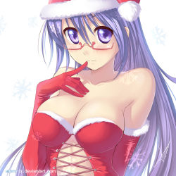 Rule 34 | 1girl, atomix, bare shoulders, blush, breasts, christmas, cleavage, corset, elbow gloves, glasses, gloves, hat, highres, large breasts, original, pince-nez, purple eyes, purple hair, red gloves, santa costume, santa hat, snowflakes, solo