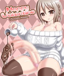 Rule 34 | 1girl, bare shoulders, blush, braid, breasts, brown eyes, brown hair, censored, chocolate, chocolate on body, chocolate on penis, cleavage, fanatic fetish, food on body, futanari, gigantic penis, huge breasts, jewelry, manami aizawa, mosaic censoring, necklace, penis, sitting, smile, solo, thighhighs, tongue, tongue out, tsukioka kirio
