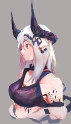 Rule 34 | 1girl, arknights, bare shoulders, breasts, brown eyes, closed mouth, commentary, cropped torso, english commentary, grey background, grey hair, hair between eyes, highres, horns, jumpsuit, long hair, medium breasts, mudrock (arknights), off shoulder, pointy ears, r0d mp, simple background, solo, upper body, white jumpsuit